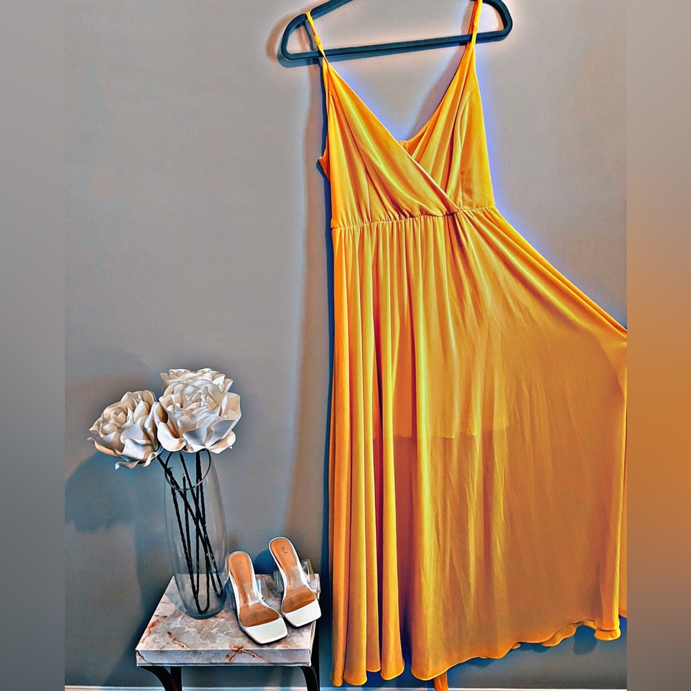Yellow Wrap Maxi Dress for Weddings. Flattering for Curvy and Plus Size.